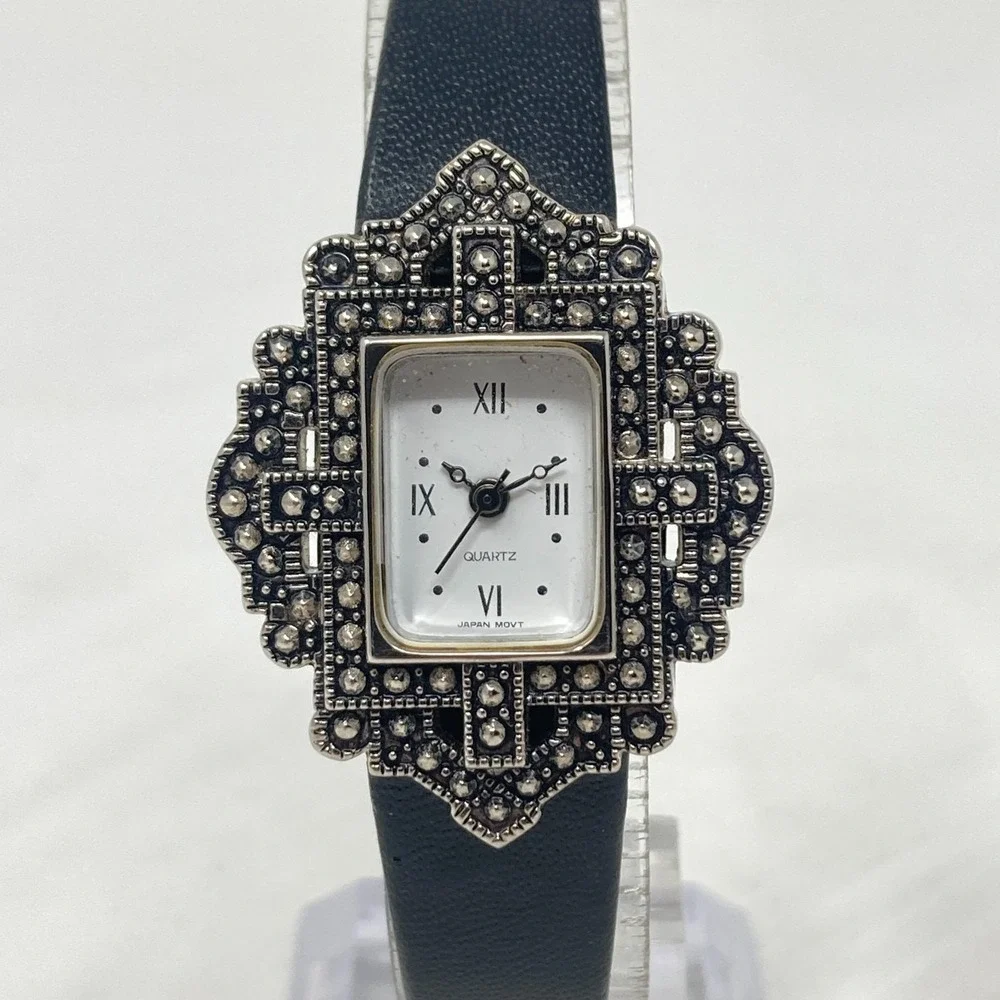 Vintage Avon Marcasite Tank Watch Women Silver Tone Black Leather New Battery 8